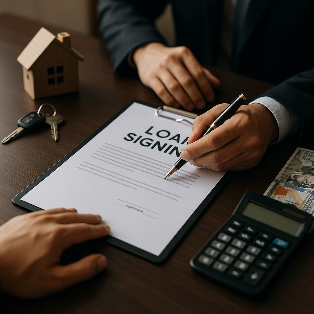 Person signing a loan agreement document at a desk, with keys, a small house model, money, and a calculator nearby.
