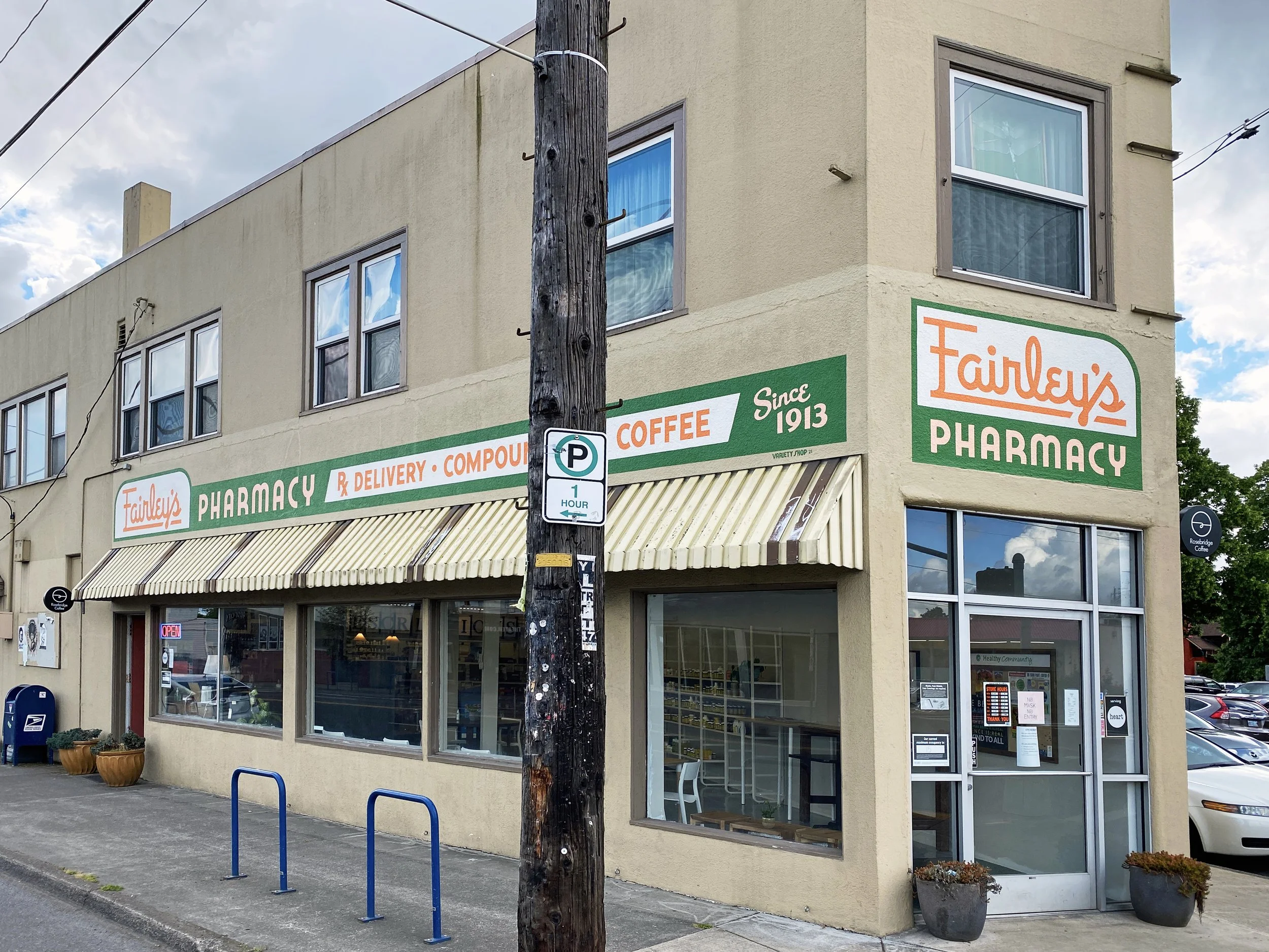 Side of Fairley's Pharmacy storefront