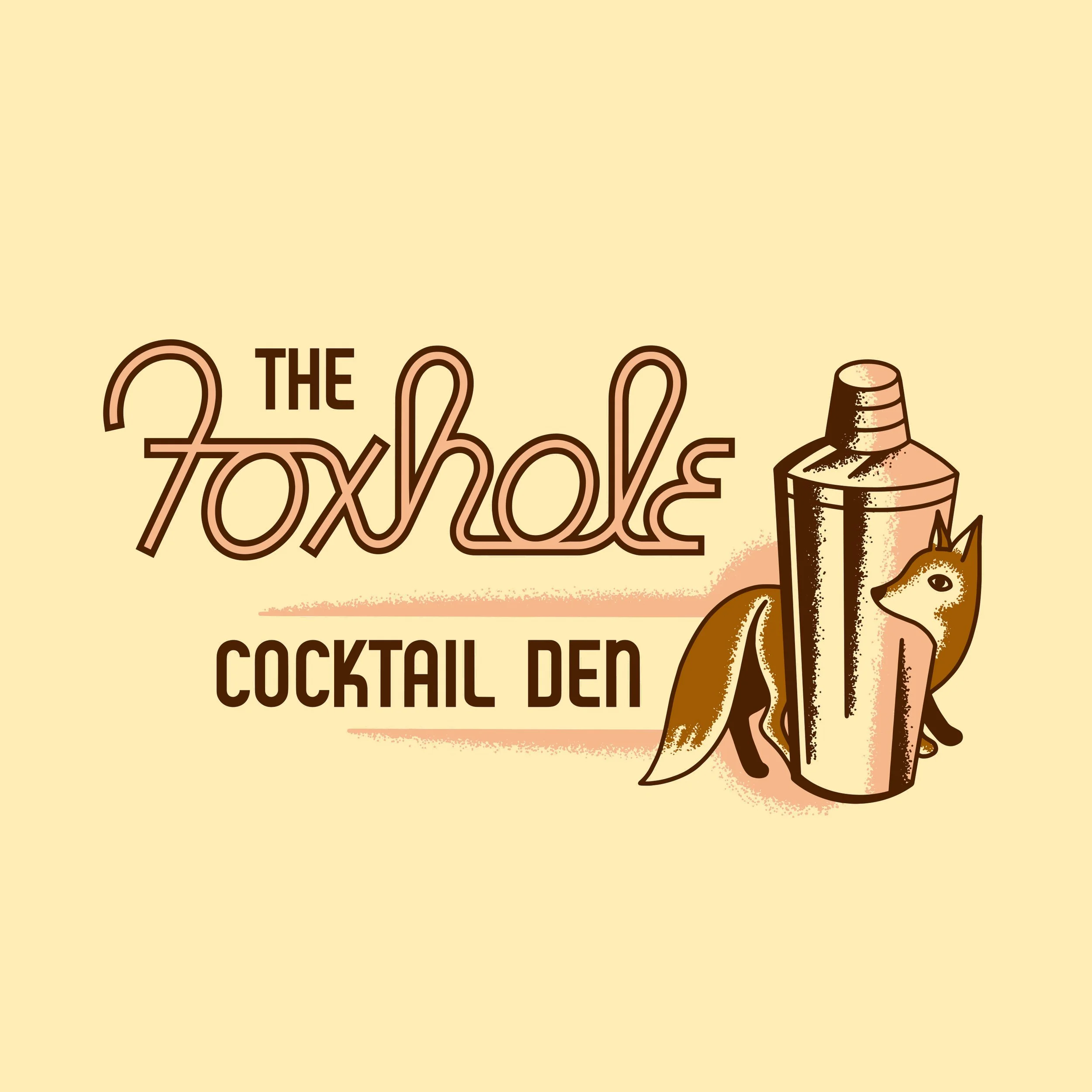 The Foxhole logo with fox and cocktail shaker illustration