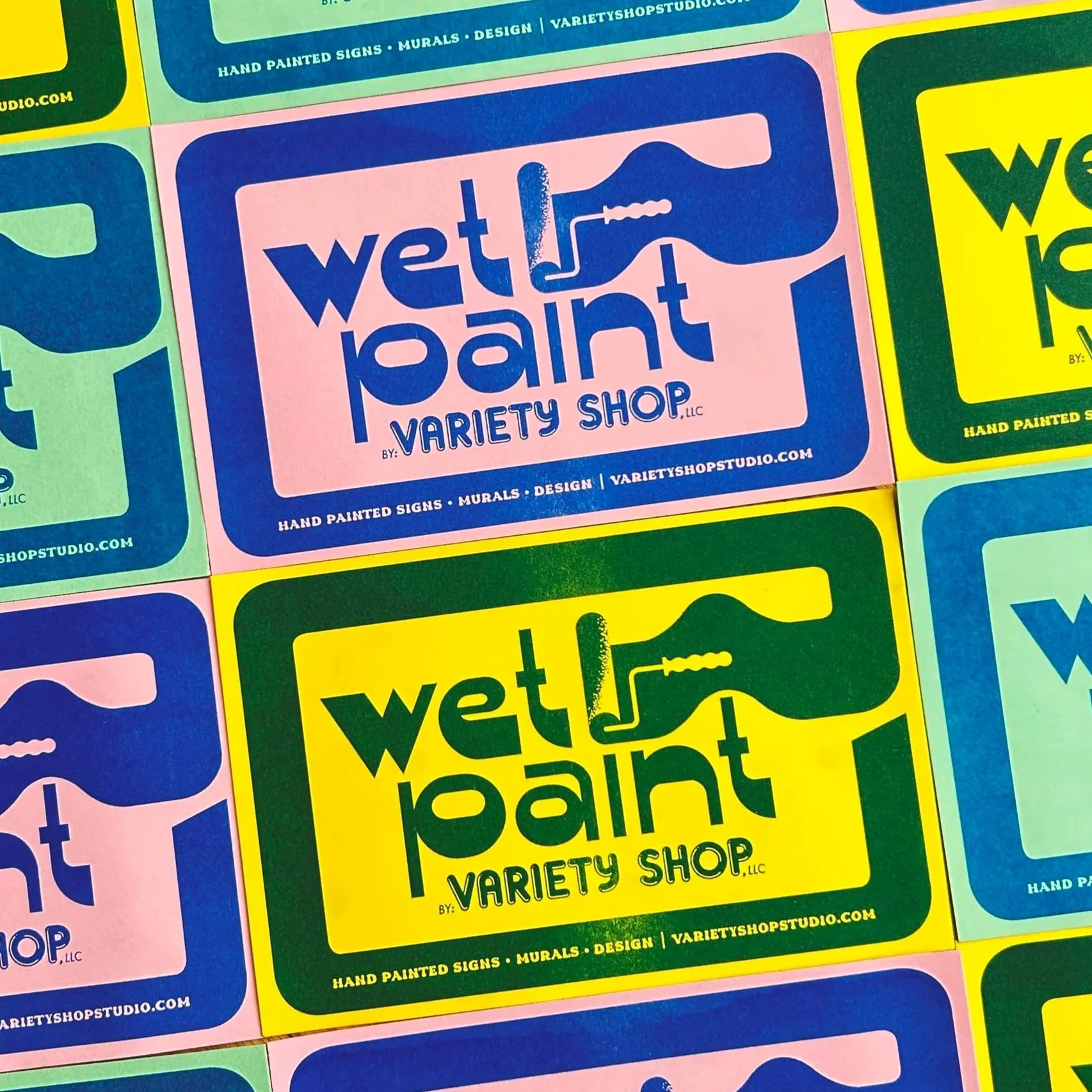 risograph printed Wet Paint Signs for Variety Shop