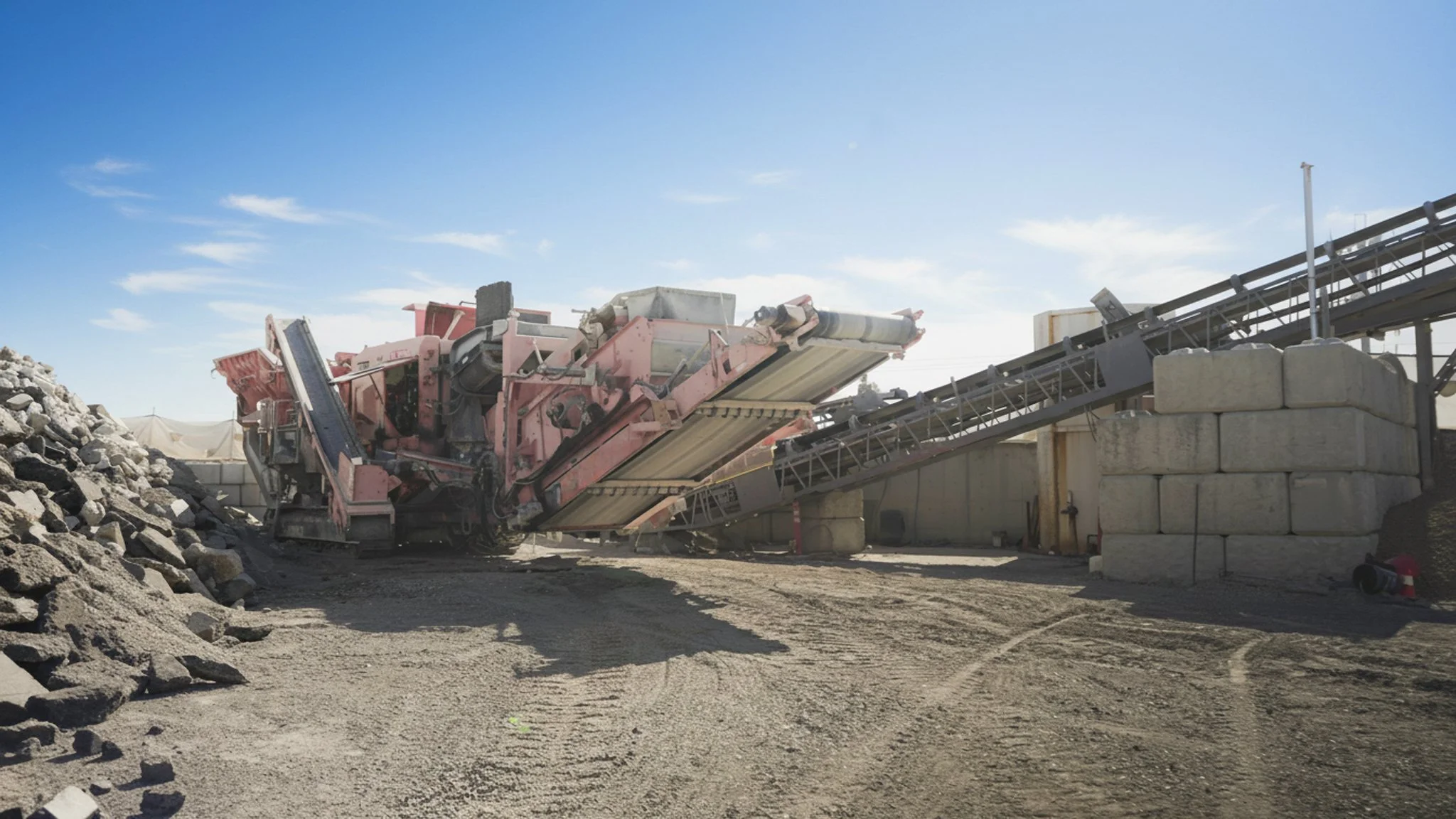 A large pink construction machine in a quarry, crushing rocks with a conveyor belt system, under a clear blue sky.