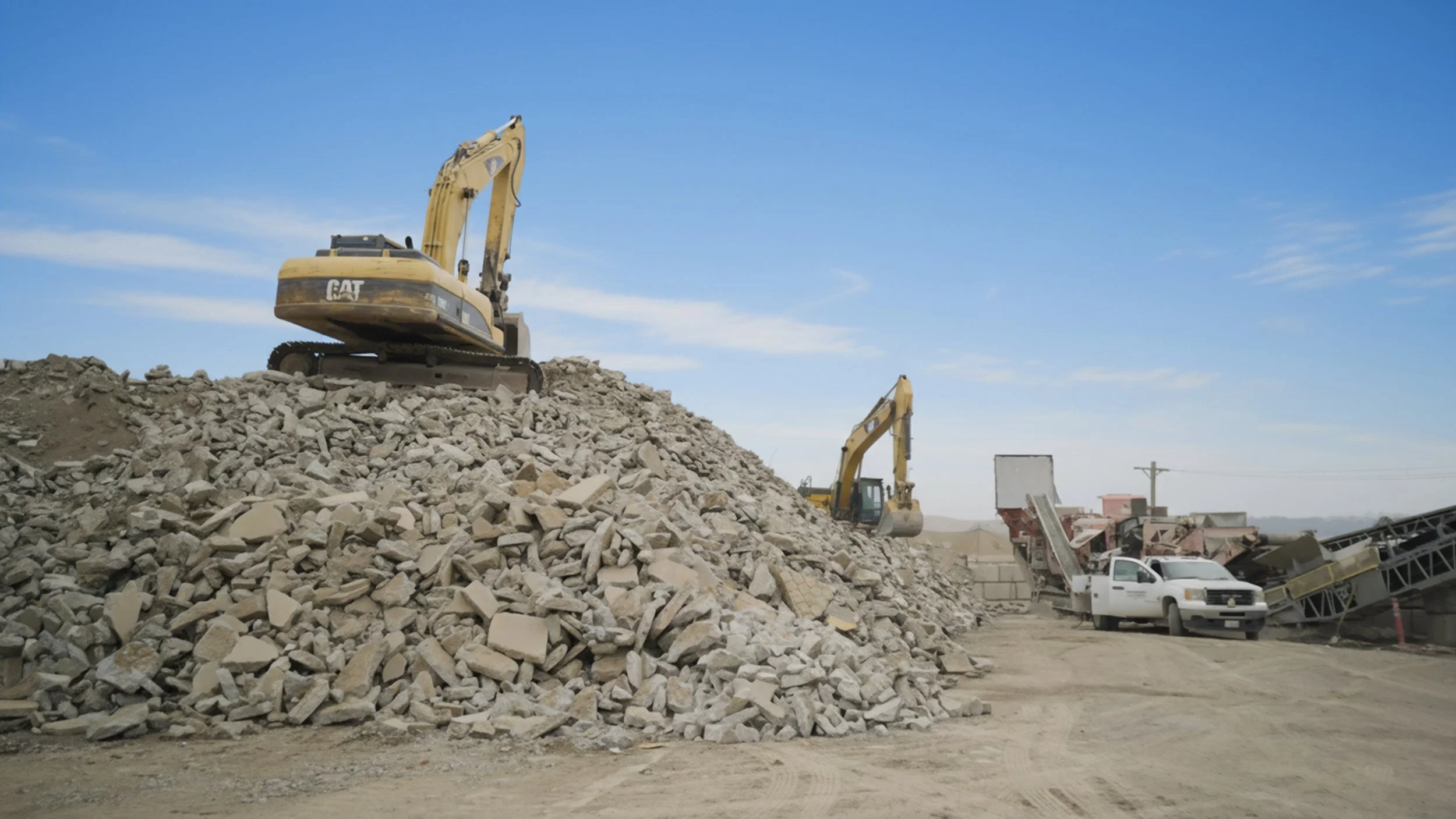 Construction site with two yellow bulldozers on a large pile of rocks, a white truck, and industrial machinery under a blue sky.