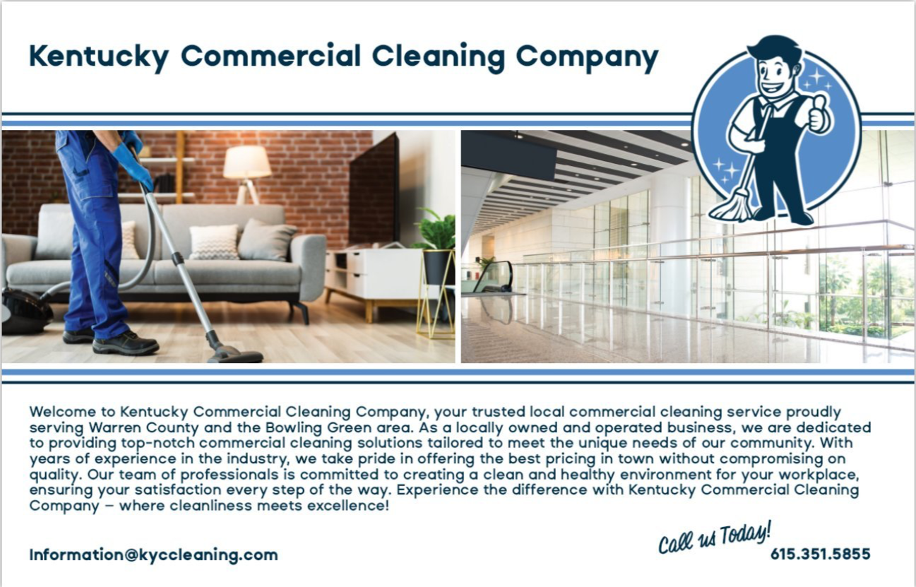 Flyer for Kentucky Commercial Cleaning Company featuring a man vacuuming a living room with a brick wall, and an empty modern office lobby with large windows and a security cart.