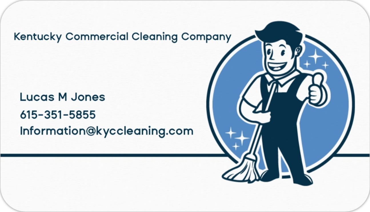 Business card for Kentucky Commercial Cleaning Company featuring a happy cartoon man with a mop, giving a thumbs up, with contact information and a blue and white color scheme.