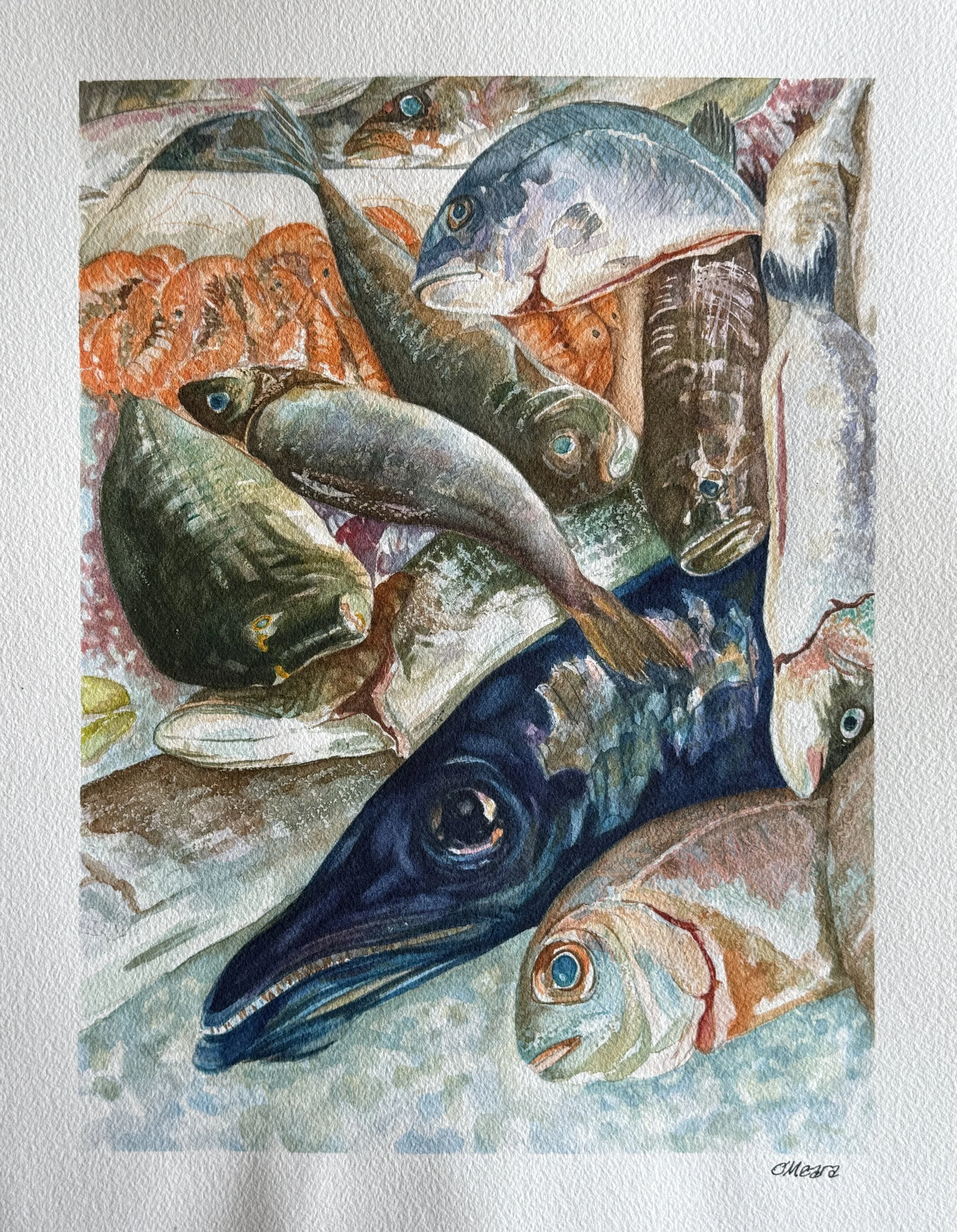 Portuguese Fish Market, watercolor & paper, 16x20" framed