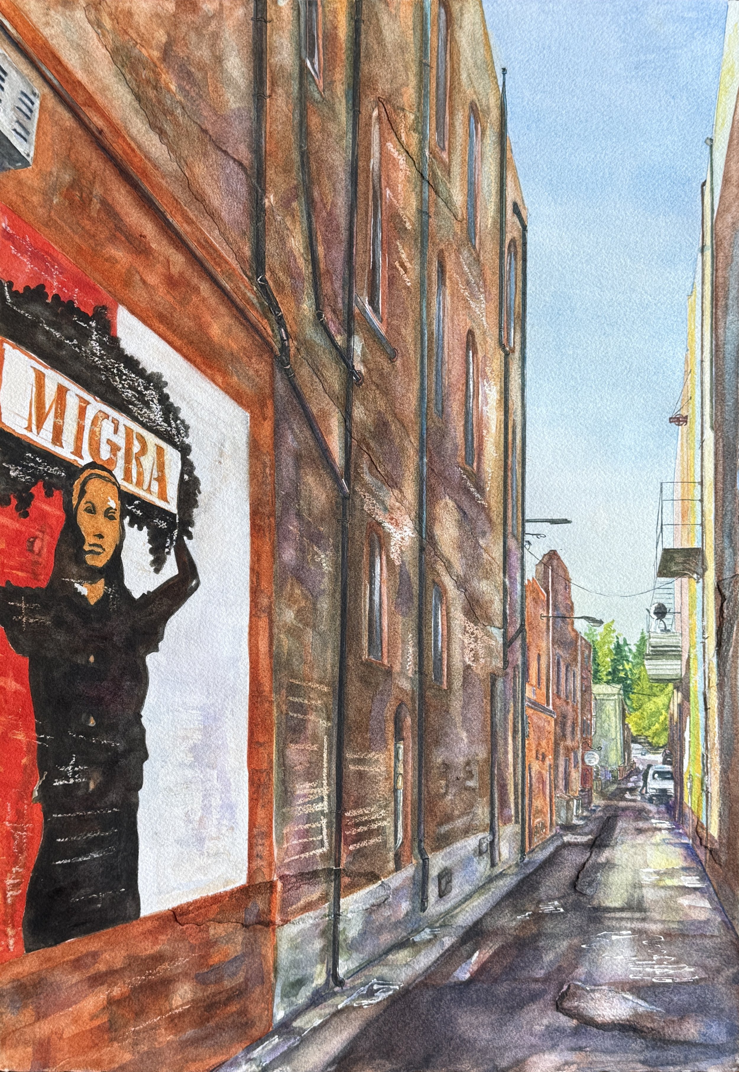 Alleyway, watercolor & paper, 20x26" framed