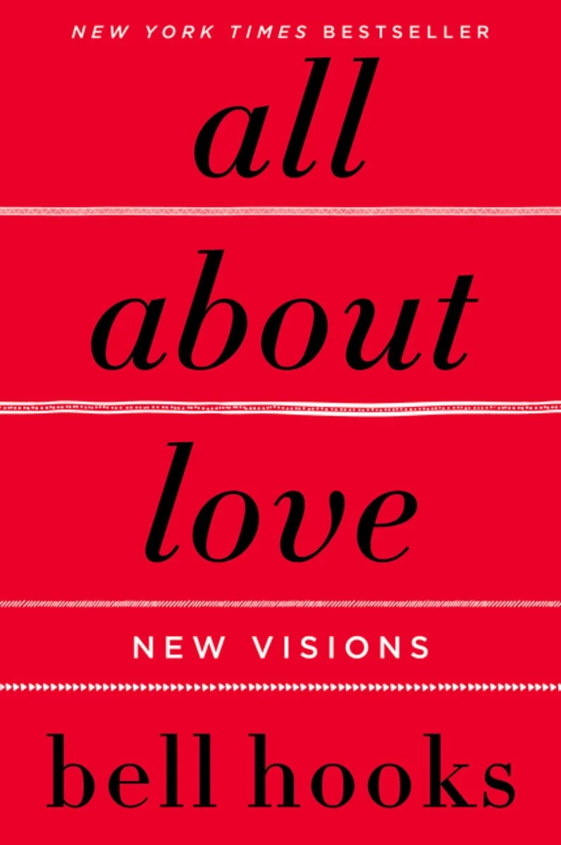 Cover of the book 'All About Love: New Visions' by bell hooks, with a red background and black text, featuring white accents.