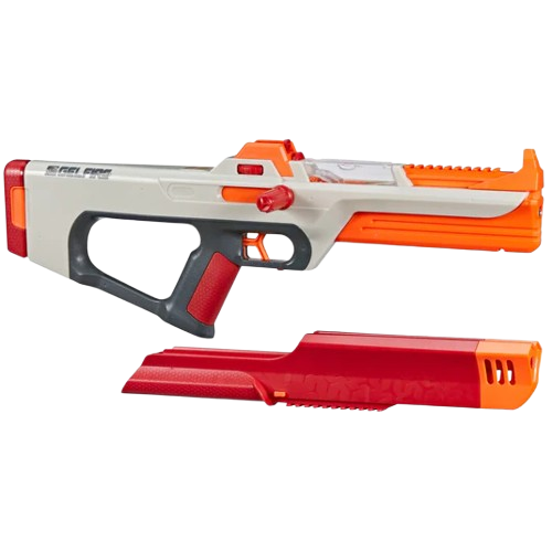 A Nerf blaster toy gun with a removable stock in orange, white, gray, and red colors.