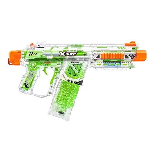 Toy Nerf blaster painted in white and green with orange accents and black details.