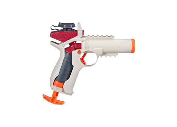 A Nerf toy blaster with a white body, orange accents, and black grip.