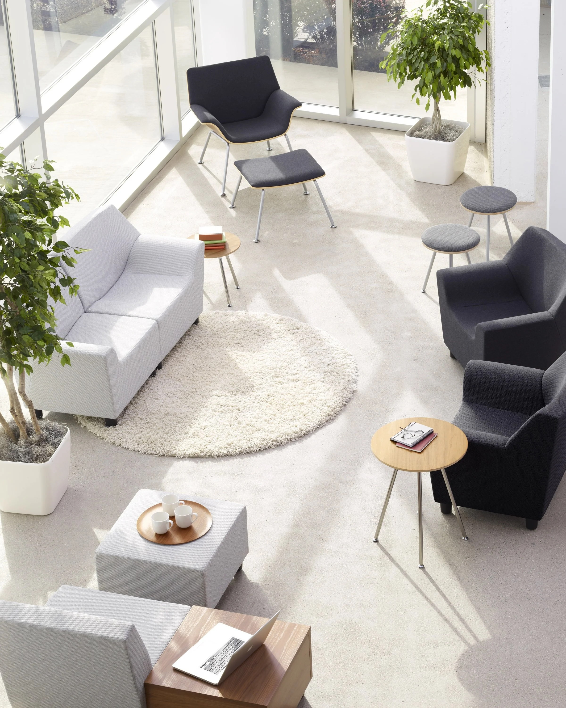 A modern lounge area with large windows, a white sofa on a round rug, two black armchairs, a small wooden table with books, a round ottoman with mugs, another small round table with reading glasses and a book, and potted plants, including a tall plant in a white pot.