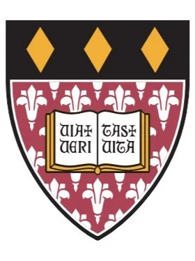 A shield-shaped coat of arms featuring an open book and the motto 'VERITAS' on a white backgroundwith a maroon and white fleur-de-lis pattern, topped with a black band with three gold diamonds. Also known as the logo for Regis College in Weston, MA.