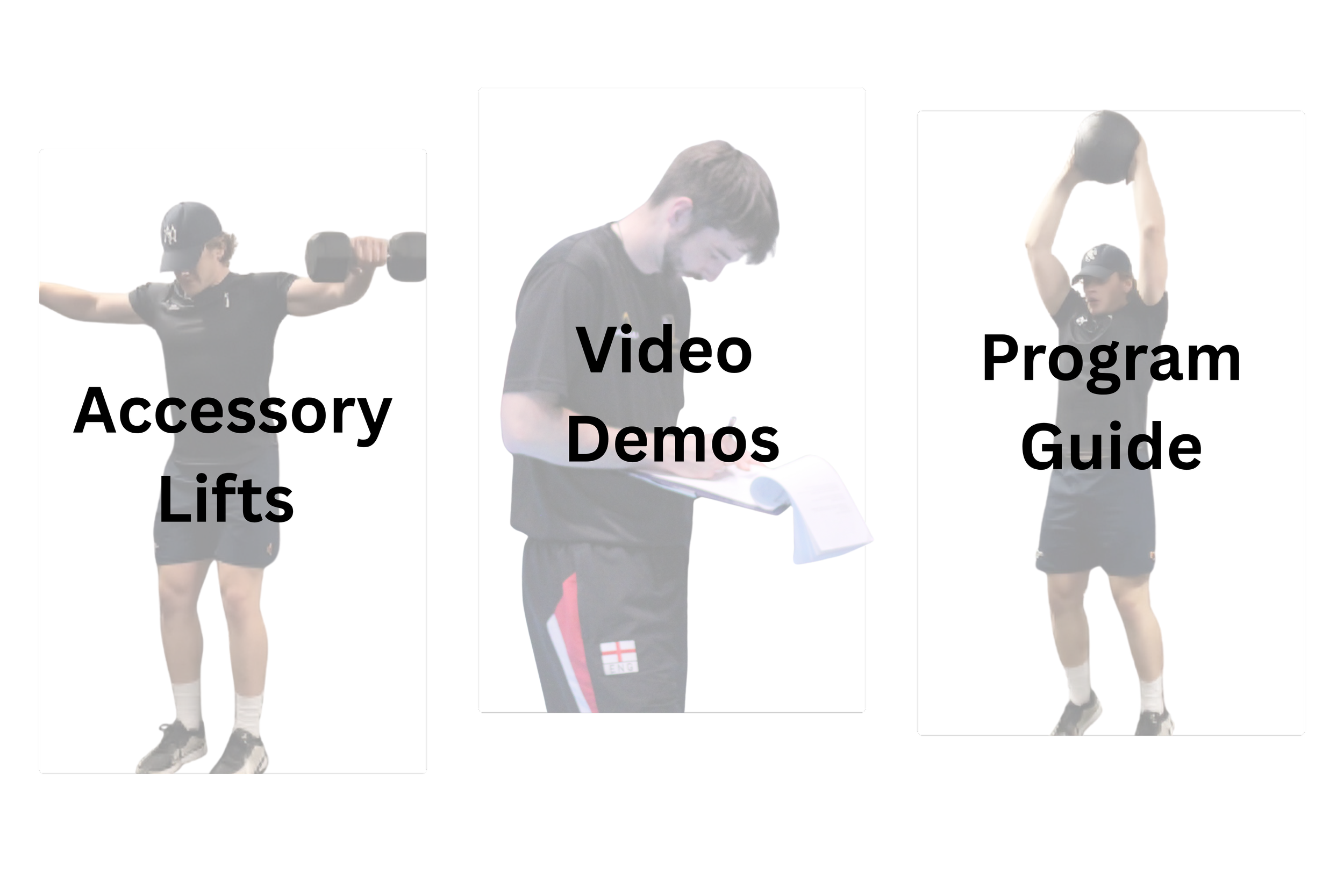 Screenshot of a fitness app interface with three sections: Accessory Lifts on the left showing a person holding dumbbells, Video Demos in the middle showing a person reading notes, and Program Guide on the right showing a person lifting a medicine ball overhead.