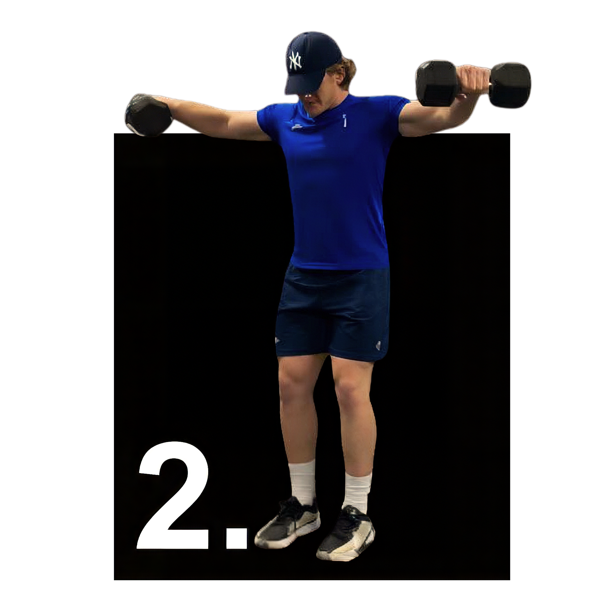 A man in a blue shirt, dark shorts, and white sneakers elevates his arms holding black dumbbells, with a black baseball cap and face partially obscured.