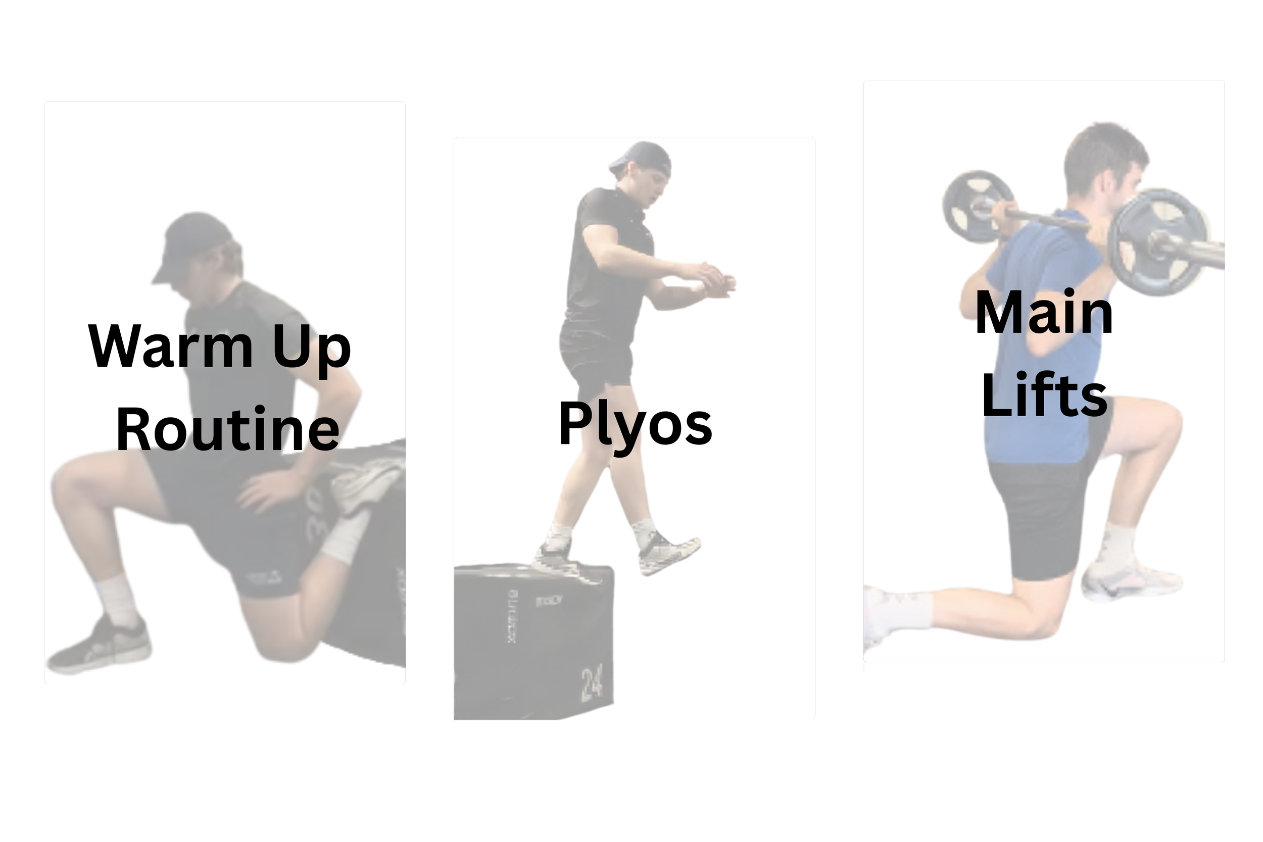 Sequence of three images showing workout exercises titled 'Warm Up Routine', 'Plyos', and 'Main Lifts'. The first image shows a person in a squat position with hands on hips, the second shows a person stepping onto a plyometric box, and the third shows a person in a lunge position holding a barbell on shoulders.