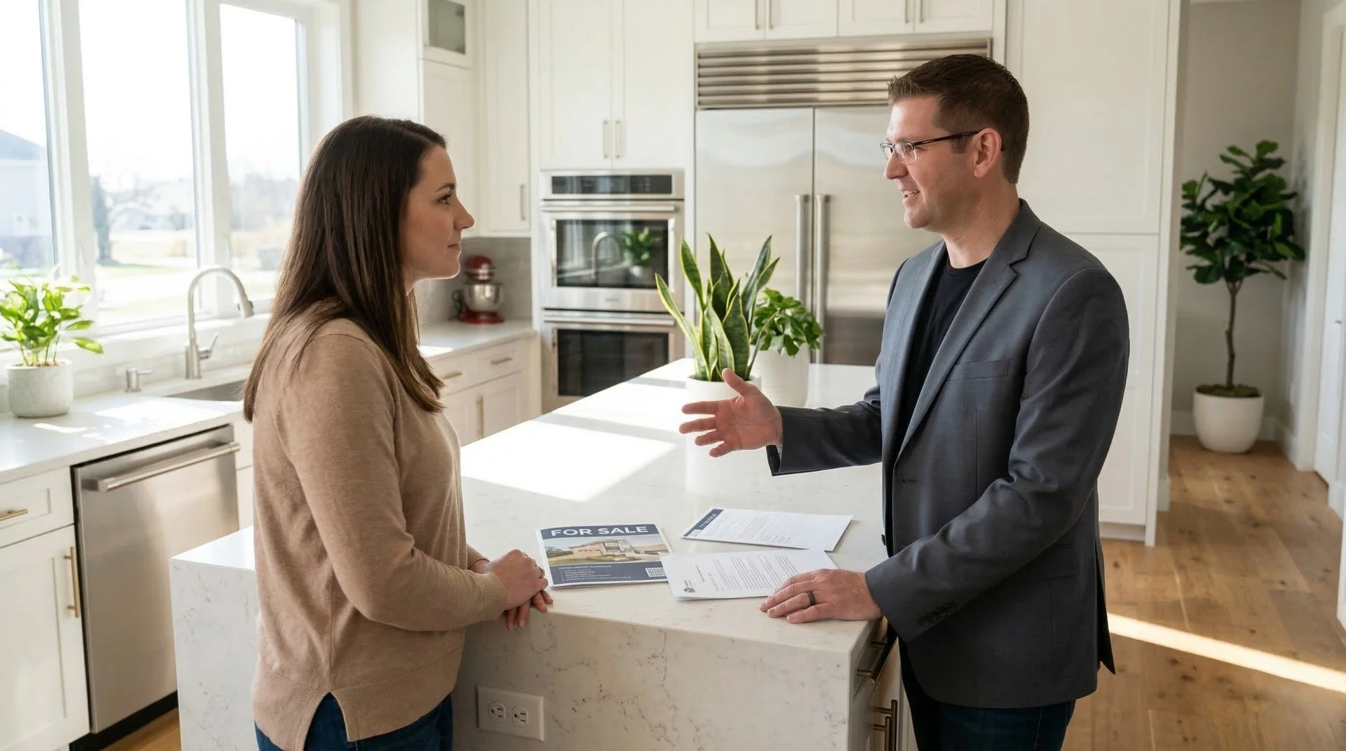 Jason Mickelson of Century 21 Des Moines speaking with a homebuyer during a home showing, demonstrating real estate communication and client engagement.
