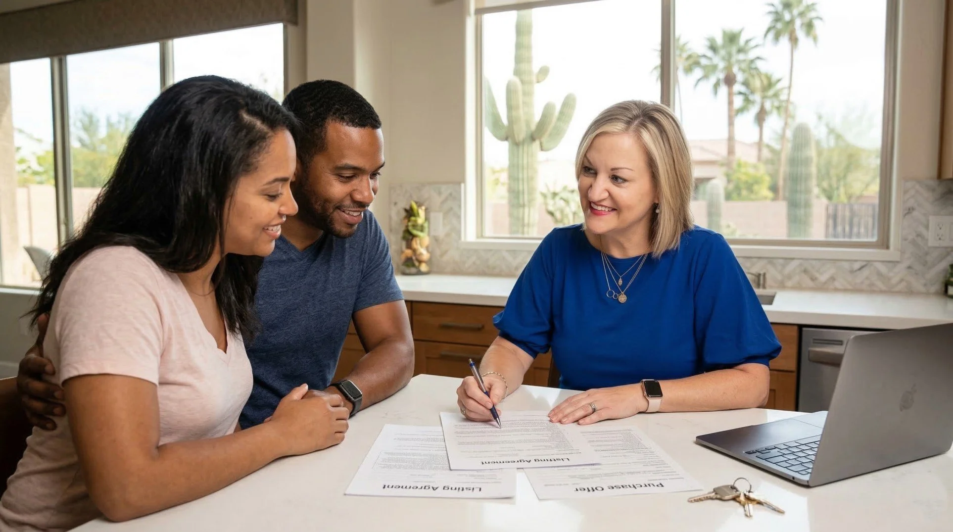 Rebecca Durfey of Keller Williams Phoenix reviewing documents and engaging with clients in a candid real estate setting.