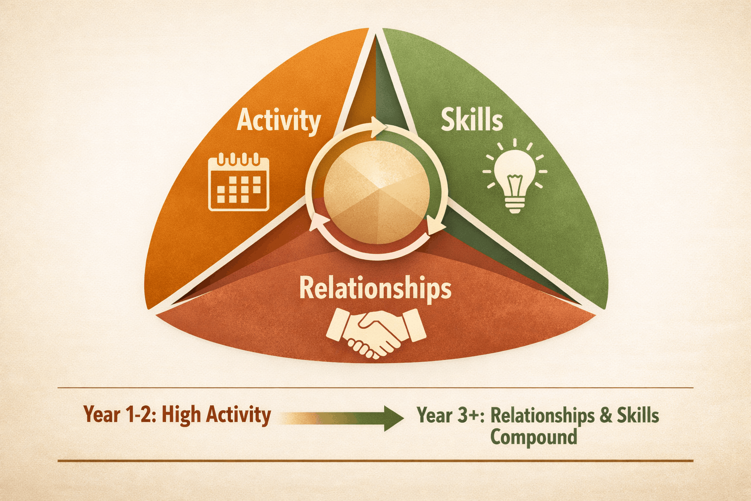 A visual diagram showing the three pillars of real estate success: activity, skills, and relationships.
