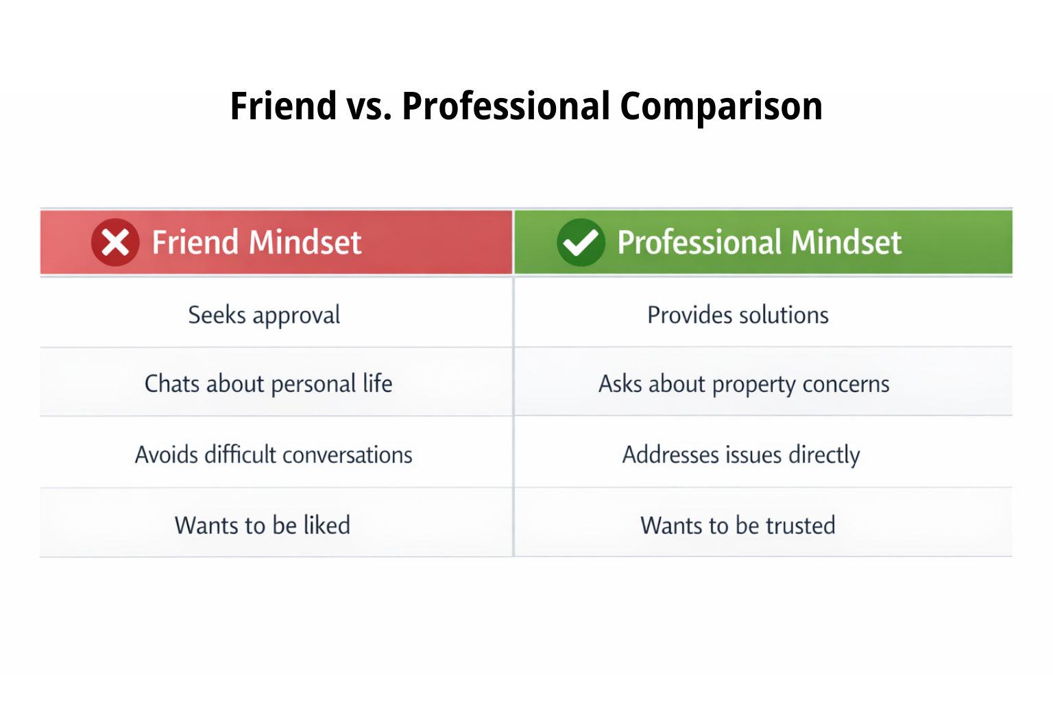 Comparison table showing the difference between treating clients as friends versus treating them as clients needing professional service