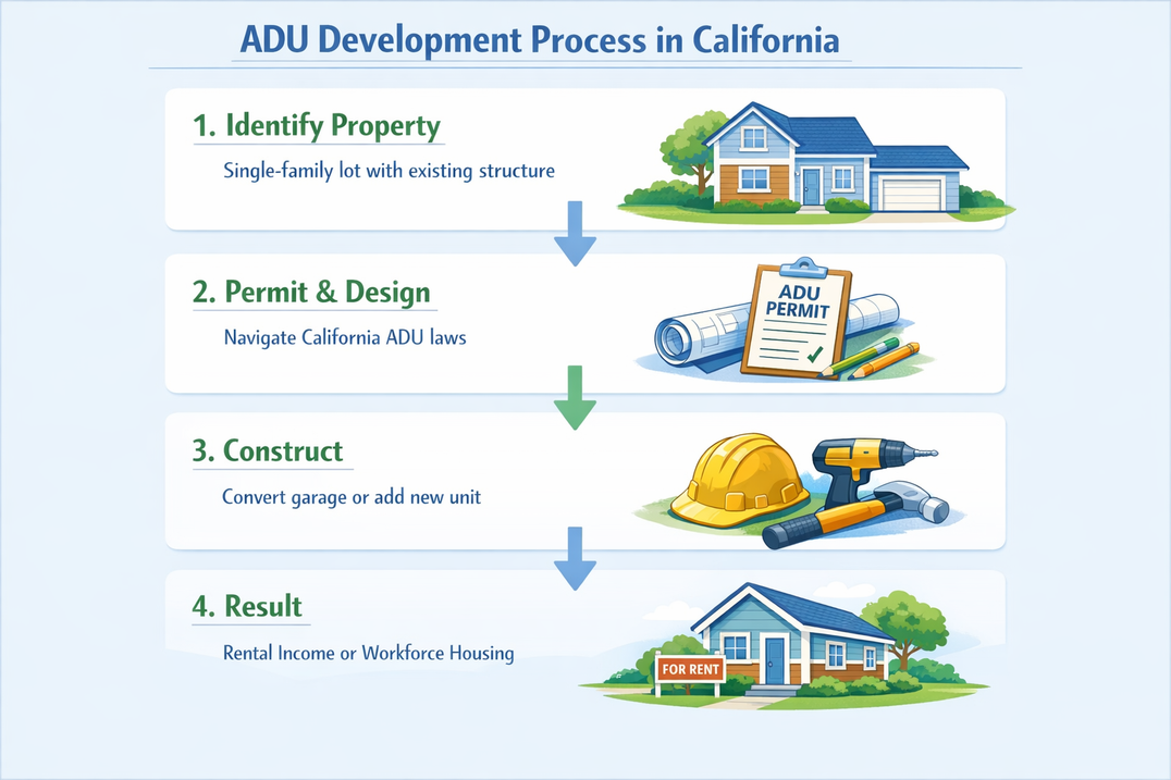 Step-by-step ADU development process: identify property, permit and design, construct, and result.