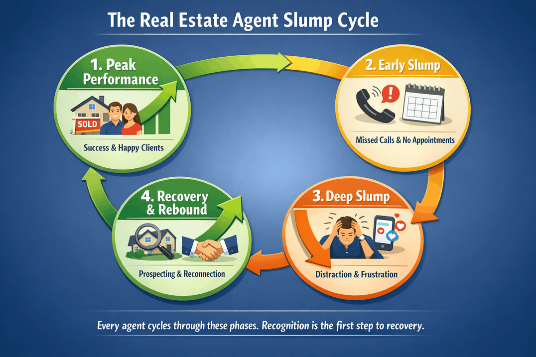Real estate agent slump cycle infographic with four phases: peak performance, early slump, deep slump, and recovery with arrows and icons