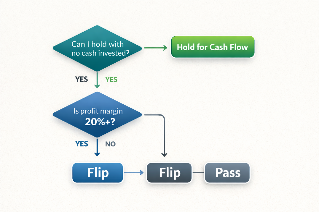 Flowchart for real estate investors: flip property or hold for rental based on cash flow and profit margin.