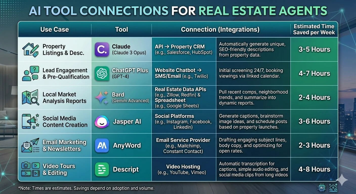 Table showing AI tool connection examples for real estate agents listing use cases like email drafting calendar management and CRM updates with estimated weekly time savings