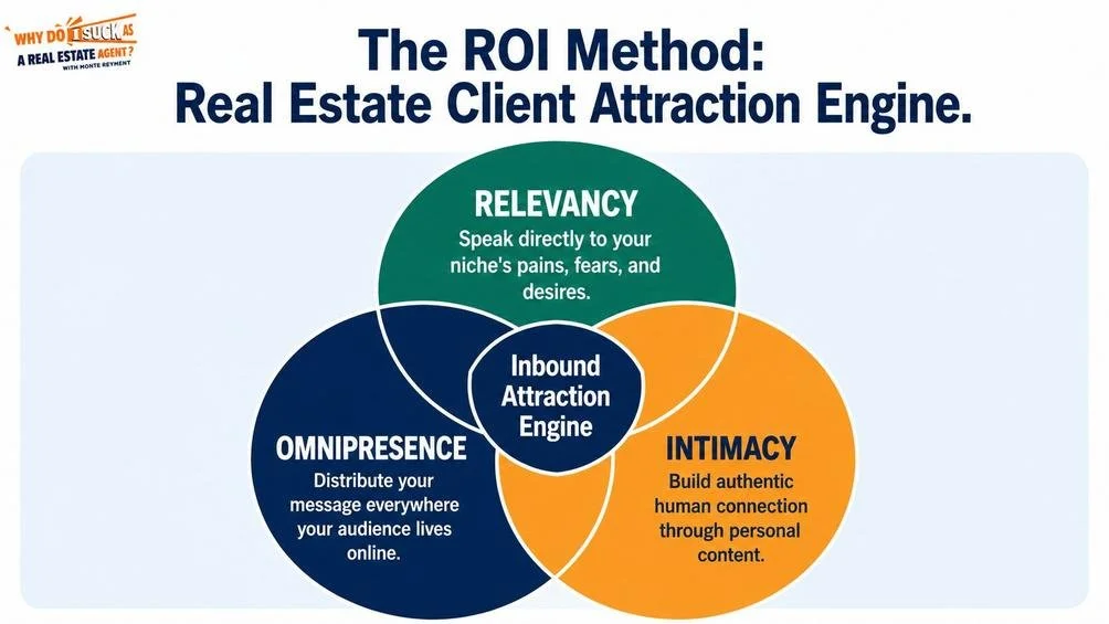 ROI Method framework diagram showing relevancy omnipresence and intimacy for inbound real estate marketing