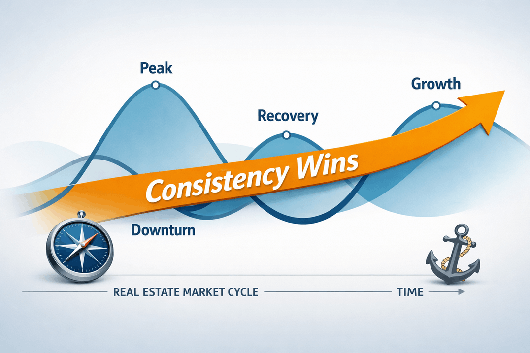 A visual chart showing real estate market cycles with a focus on resilience and long-term consistency.