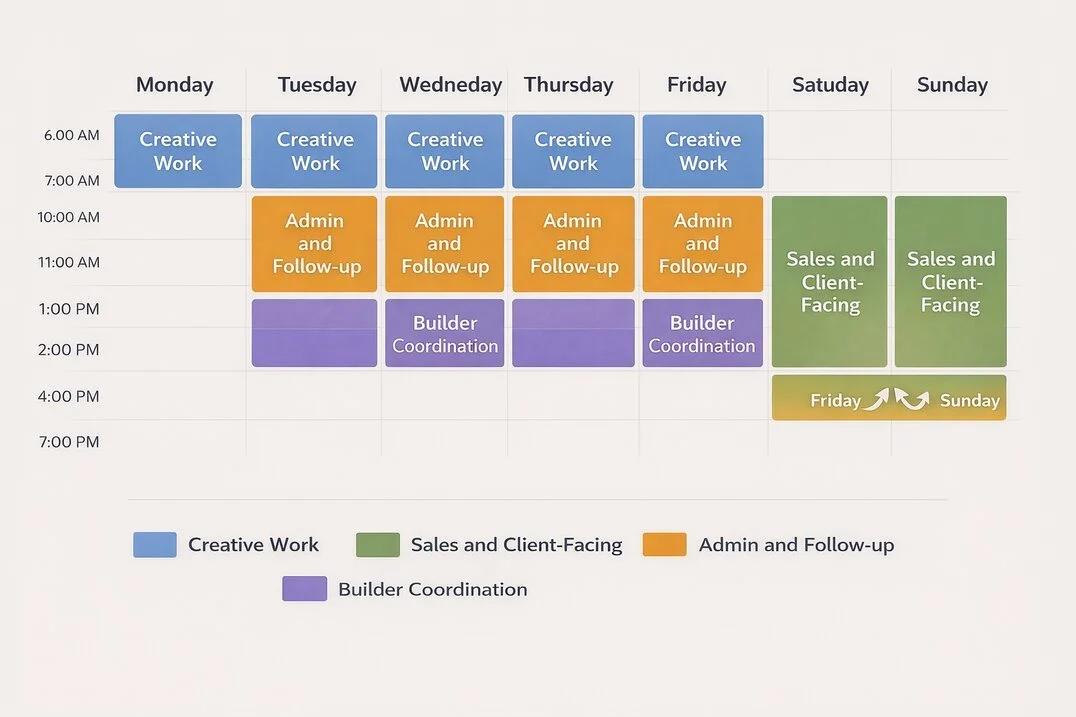 Weekly calendar layout with color-coded time blocks for creative work, client sales, admin tasks, and builder coordination