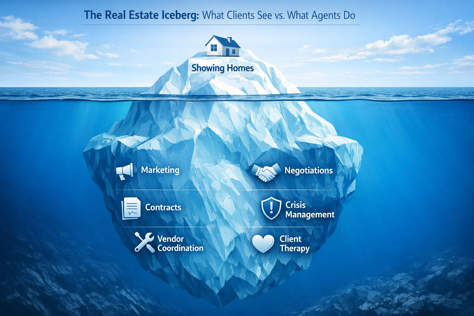 Iceberg infographic showing visible agent tasks above water and hidden responsibilities below the surface, including marketing, negotiations, contracts, and crisis management