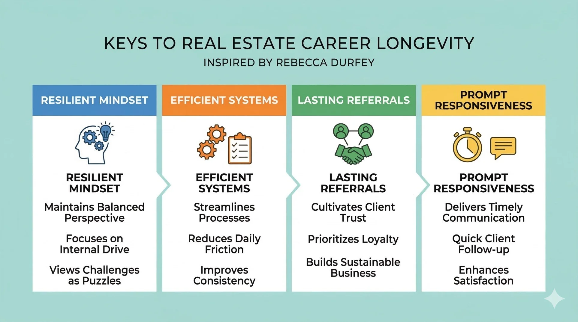 Infographic summarizing Rebecca Durfey’s key habits for long-term real estate success: systems, referrals, responsiveness, and mindset.