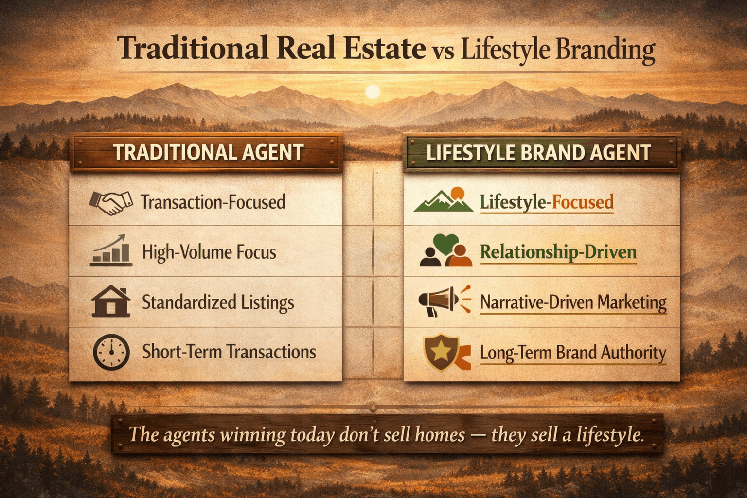 Comparison chart of traditional real estate agent versus lifestyle brand agent