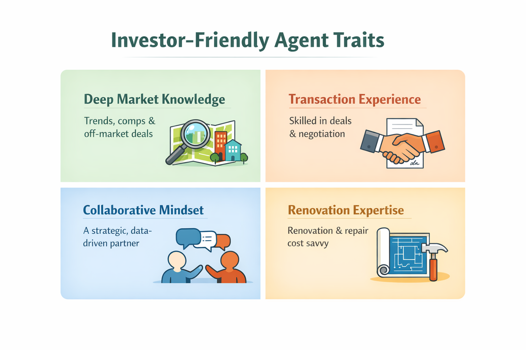 Infographic highlighting four traits of an investor-friendly real estate agent: market expertise, transaction experience, collaboration, and renovation skills.