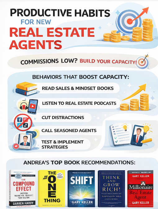 Andrea Andrews Compass Rose Realty recommended productive habits for new real estate agents infographic