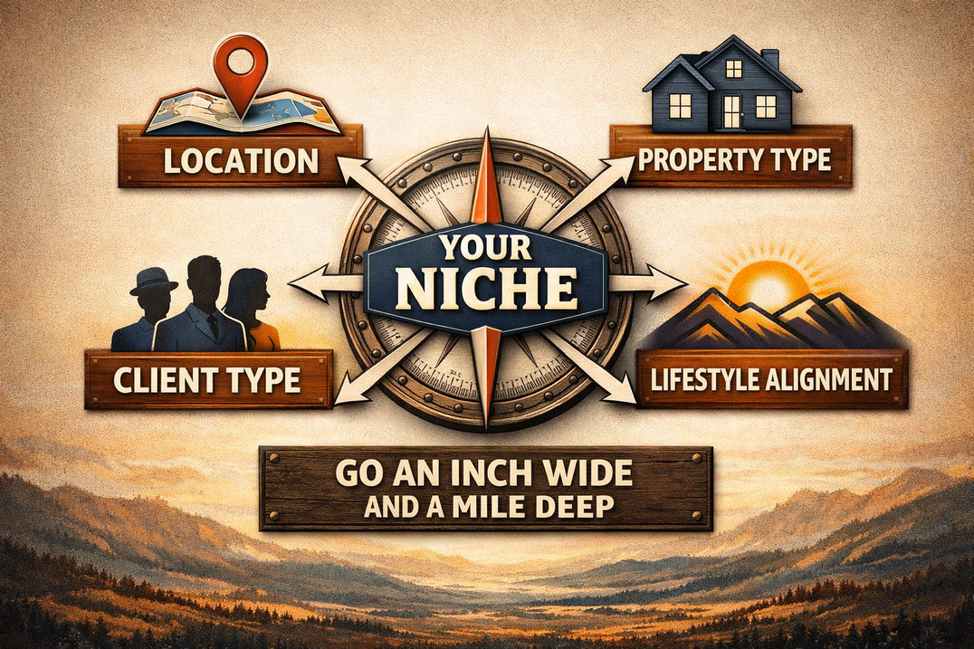 A visual guide showing four pillars for finding a real estate niche: location, property type, client type, and lifestyle alignment.