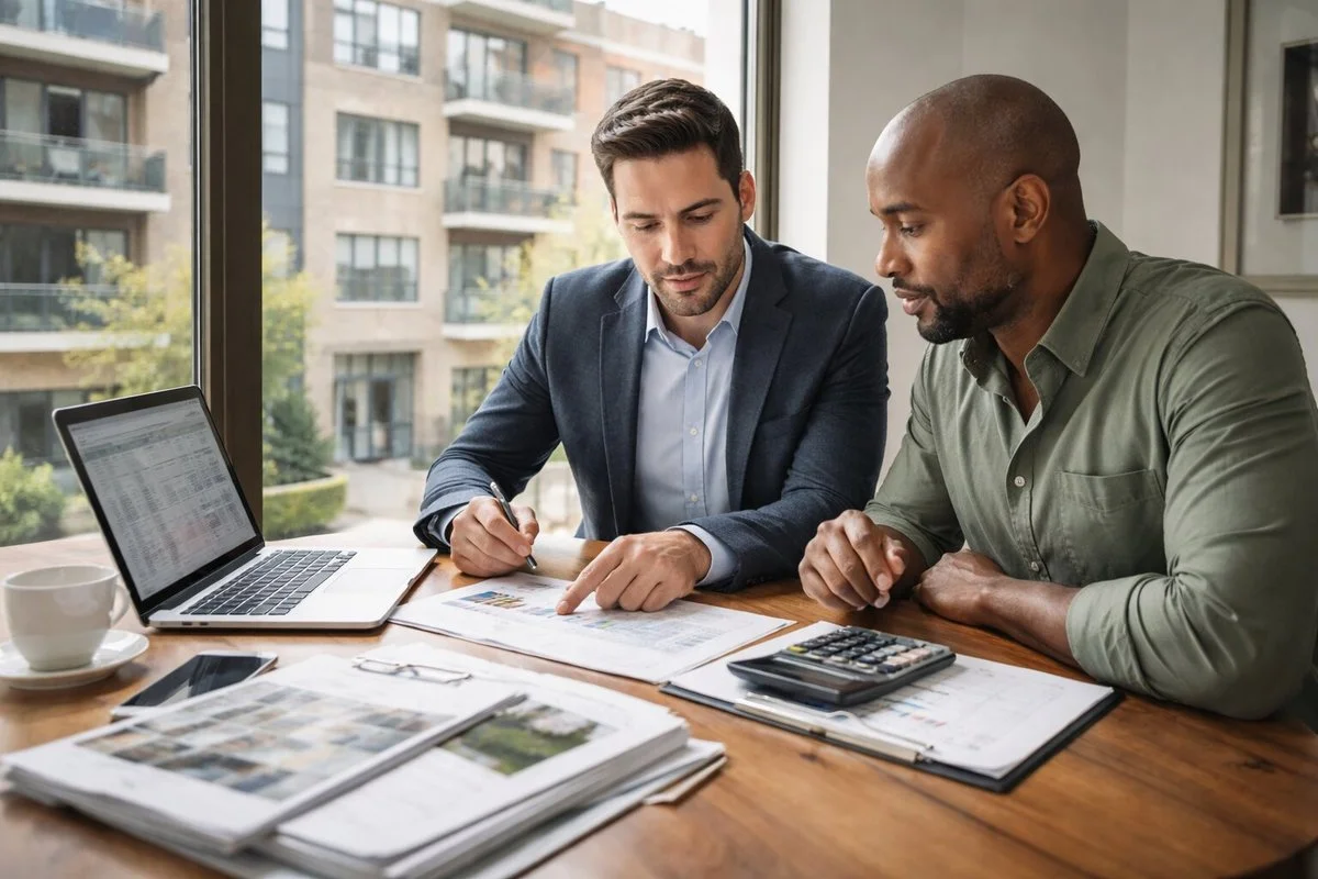 Investor-friendly real estate agent reviewing deal analysis with an investor.