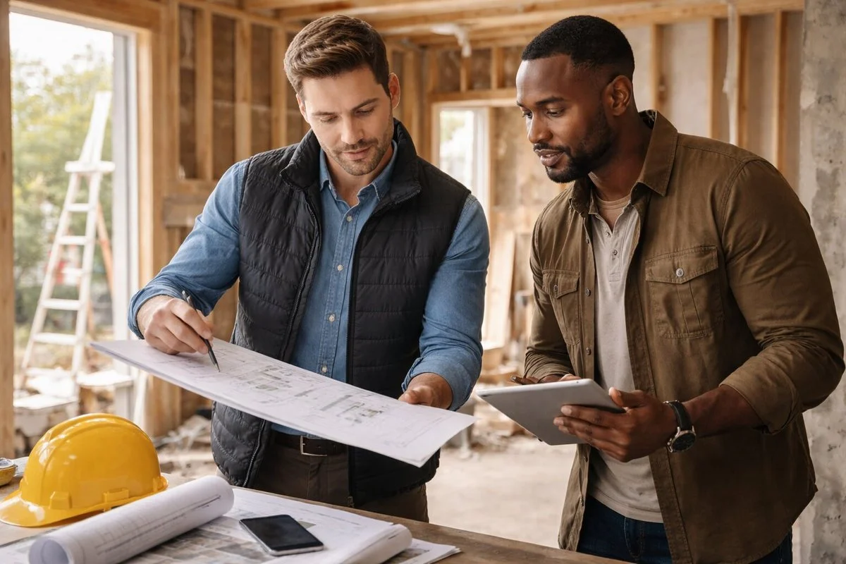 Real estate professionals reviewing a property renovation plan for an investment deal.