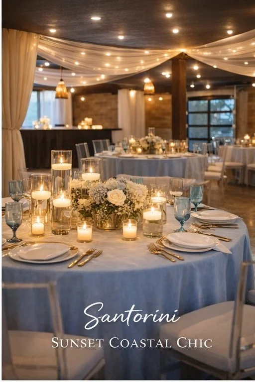 Timeless, Romantic &amp; Coastal Elegance Wedding Vibes                       ( Santorini Sunset Chic Wedding Style)