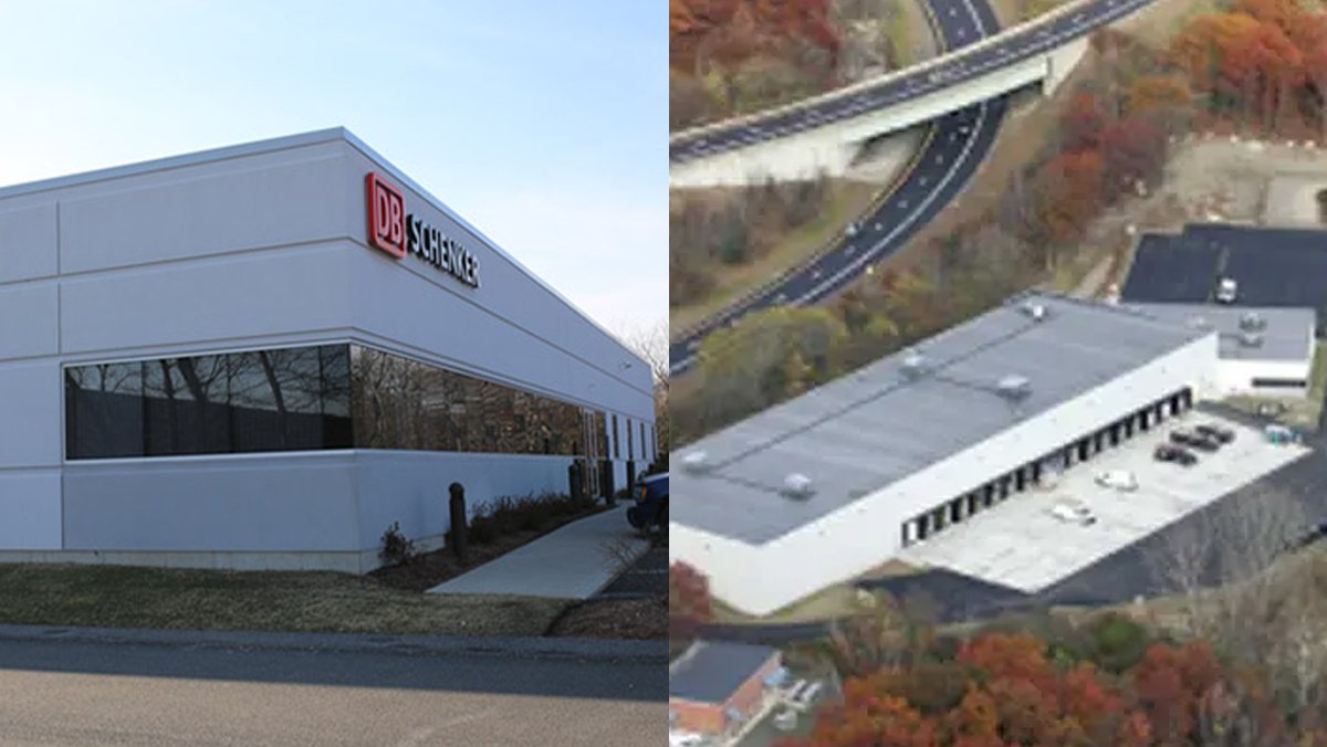 Side-by-side views of buildings in fall, left is a modern white building with windows and the red 'DB' train logo, right is an aerial view of a large white commercial building with a parking lot, surrounded by trees with fall foliage.