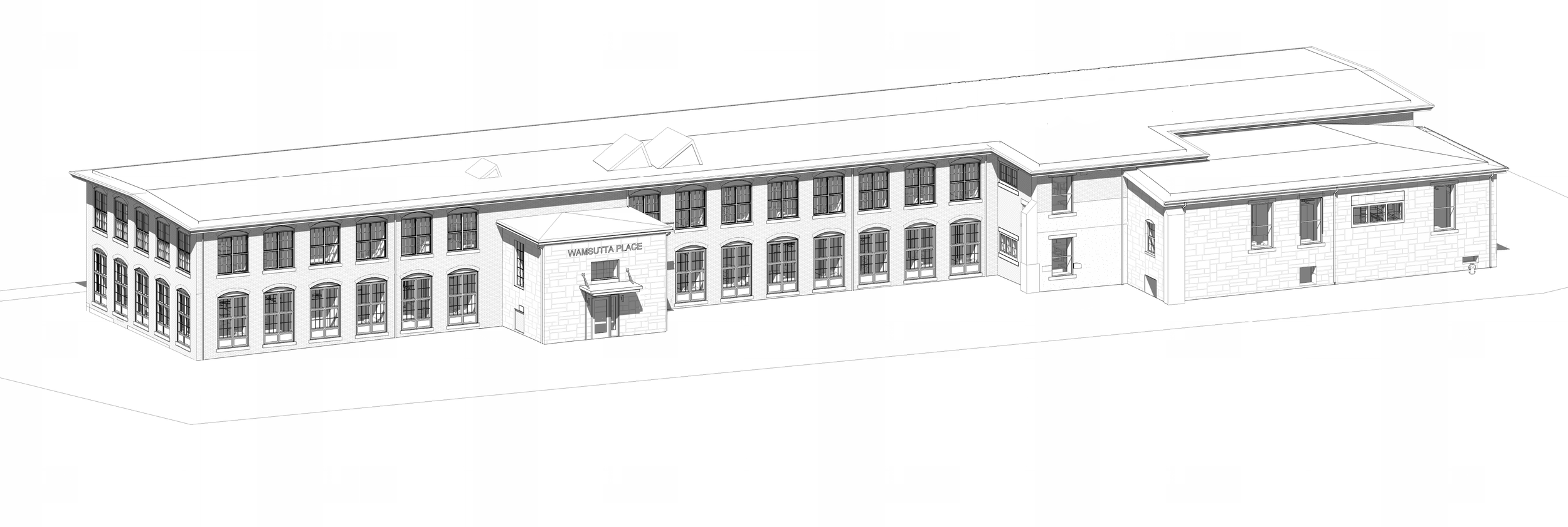 Line drawing of a multi-story building with the sign 'Wamsutta Place' above the entrance.