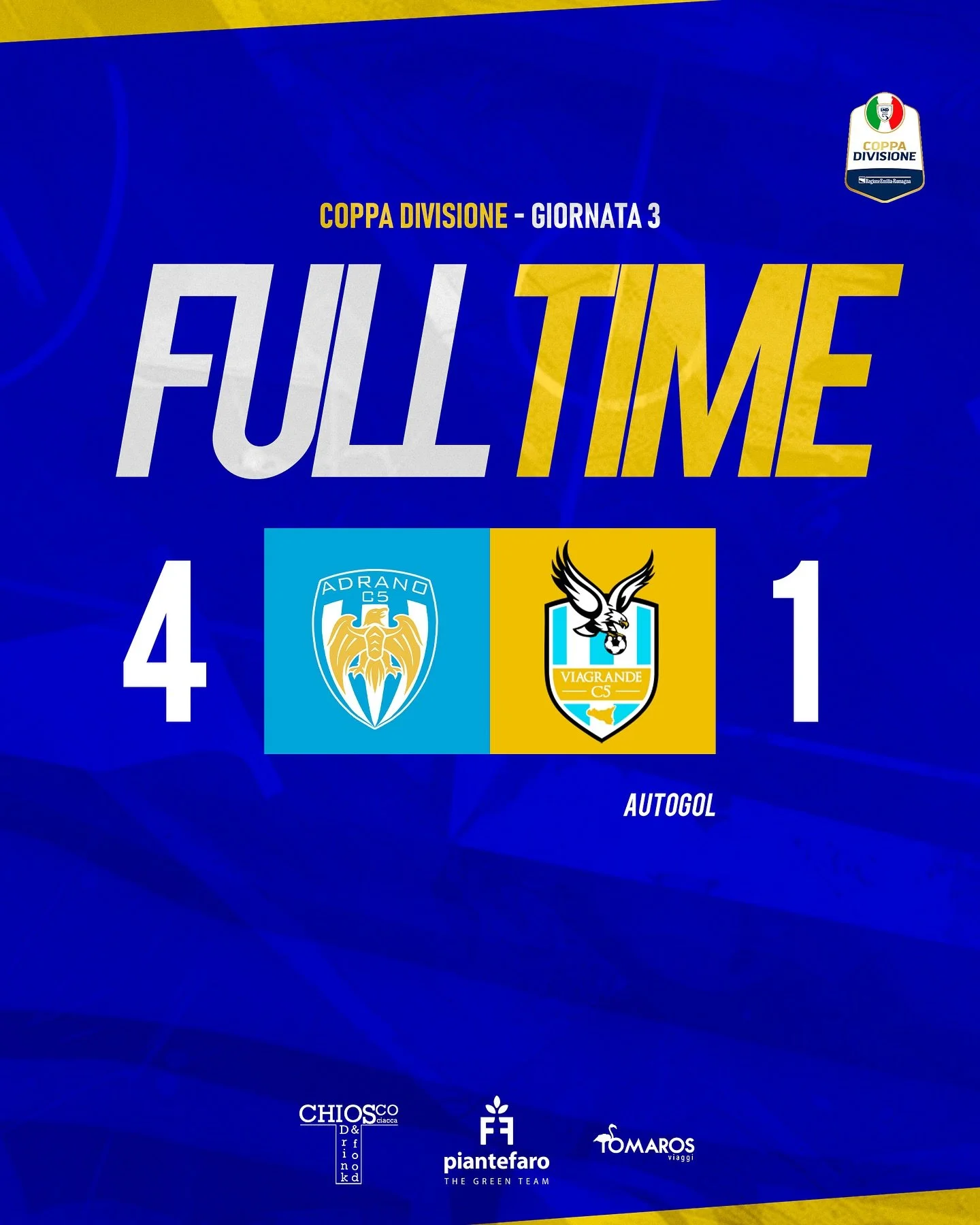 Finisce qui il nostro percorso in Coppa Divisione. Un&rsquo;autorete ci regala l&rsquo;unico gol di giornata, ma non basta: @asd_adranoc5 si impone 4-1.

Nonostante la sconfitta, usciamo a testa alta, con la consapevolezza che ogni partita &egrave; u