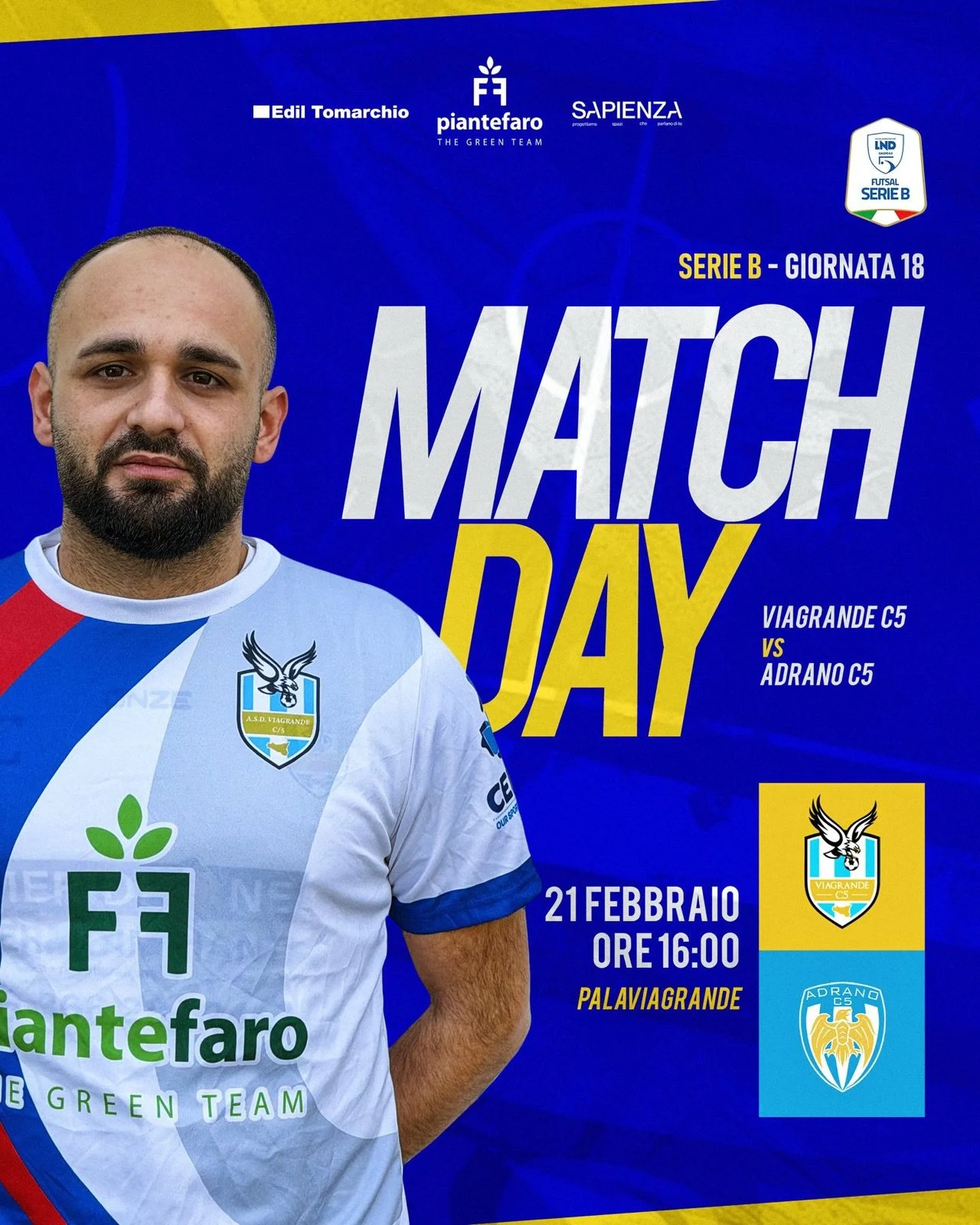 📅 21 Febbraio
⏰ Ore 16:00
📍 Palaviagrande
⚔️ Viagrande C5 🆚 Adrano C5

Abbiamo bisogno della nostra gente. Della vostra voce. Del vostro calore. Ogni coro, ogni applauso, ogni incitamento pu&ograve; fare la differenza.

Riempiamo il palazzetto e l