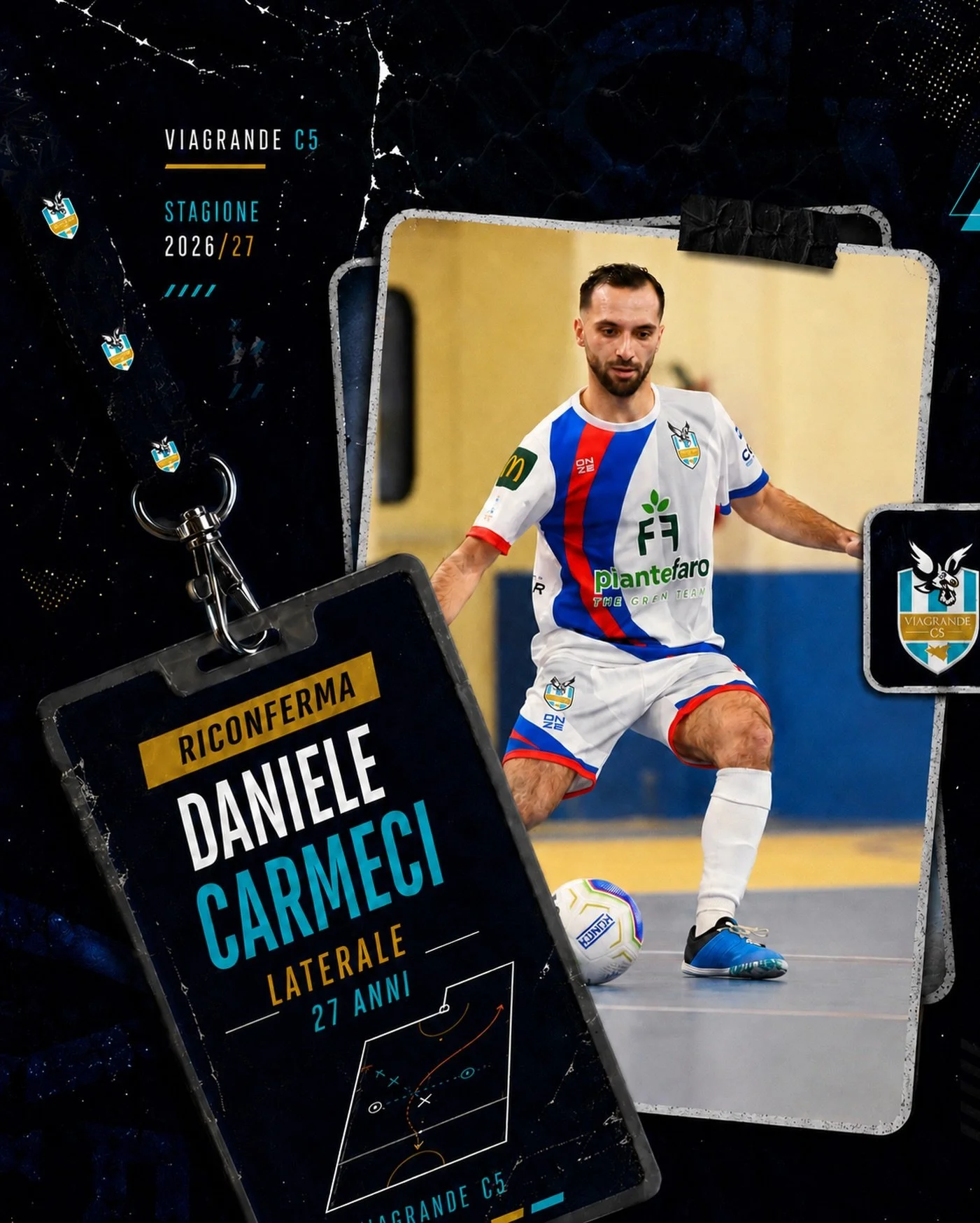 ⚪🔵 In campo corre, lotta e non si tira mai indietro. Fuori dal campo &egrave; uno di quelli che tiene unito il gruppo con una battuta, un sorriso e la voglia di stare insieme.

Daniele Carmeci sar&agrave; ancora un giocatore del Viagrande C5 nella s