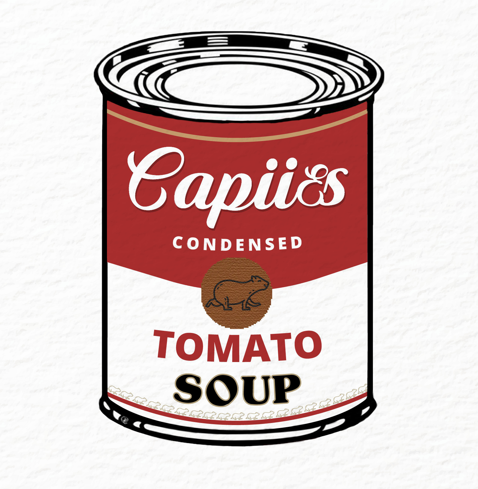 Can of tomato soup with red label and 'Capiies' branding, featuring a small illustration of a capybara.