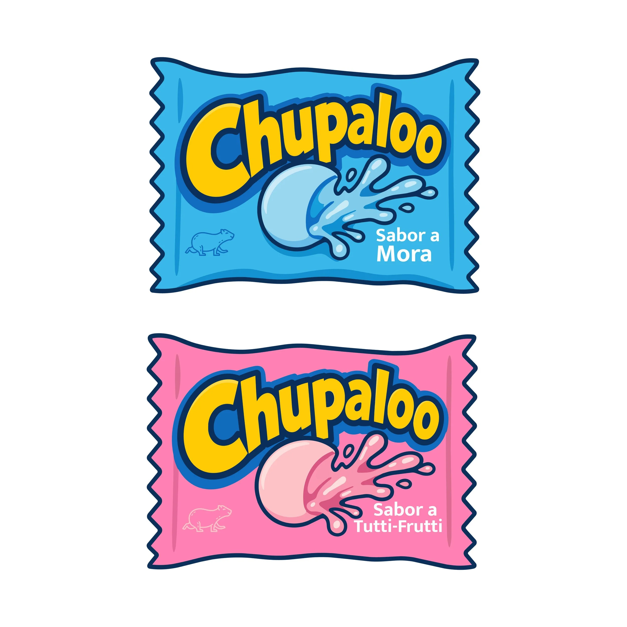 Two colorful candy wrappers, one blue and one pink with splash illustrations and flavor descriptions in Spanish.