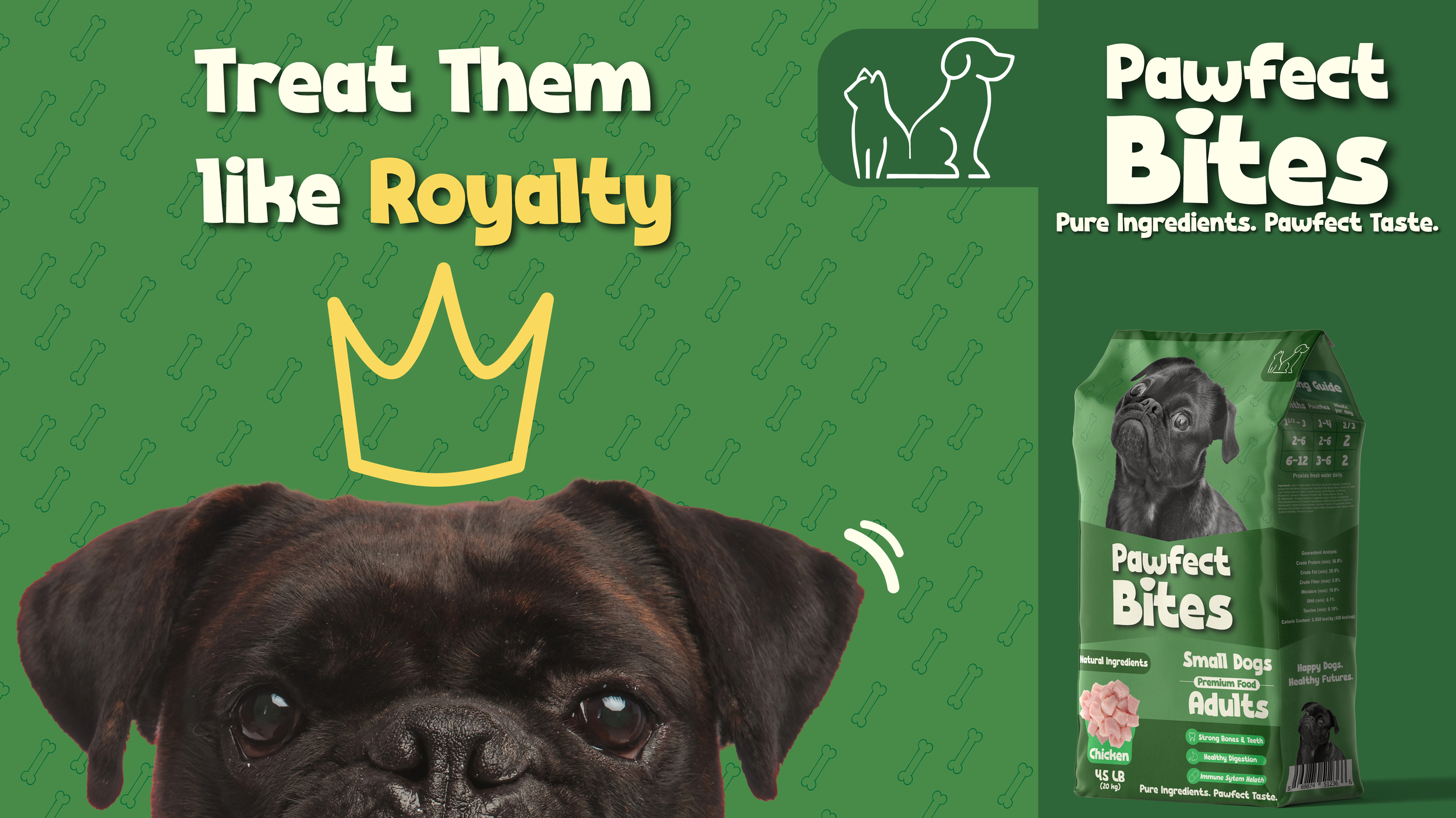 A green background with a pattern of dog bones, featuring a large image of a black dog and a bag of Pawfect Bites dog food. The text says "Treat Them like Royalty" and "Pawfect Bites," with a yellow crown drawing.