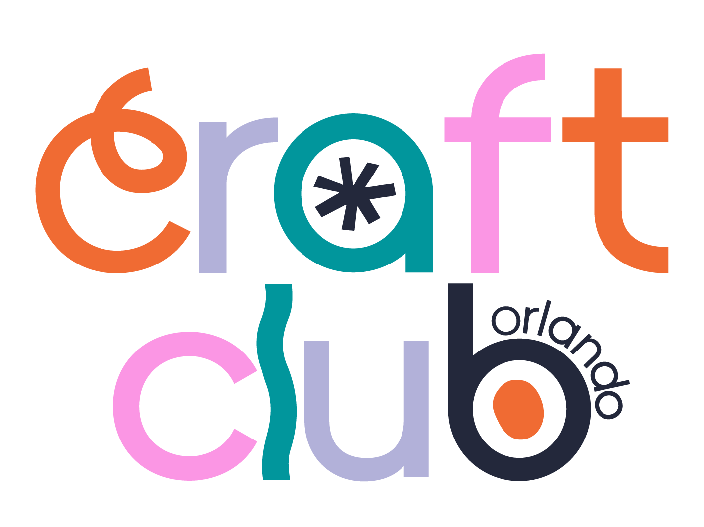 Colorful logo with the words 'craft club' in lowercase, with 'orlando' written vertically, and a stylized asterisk inside the letter 'a'.
