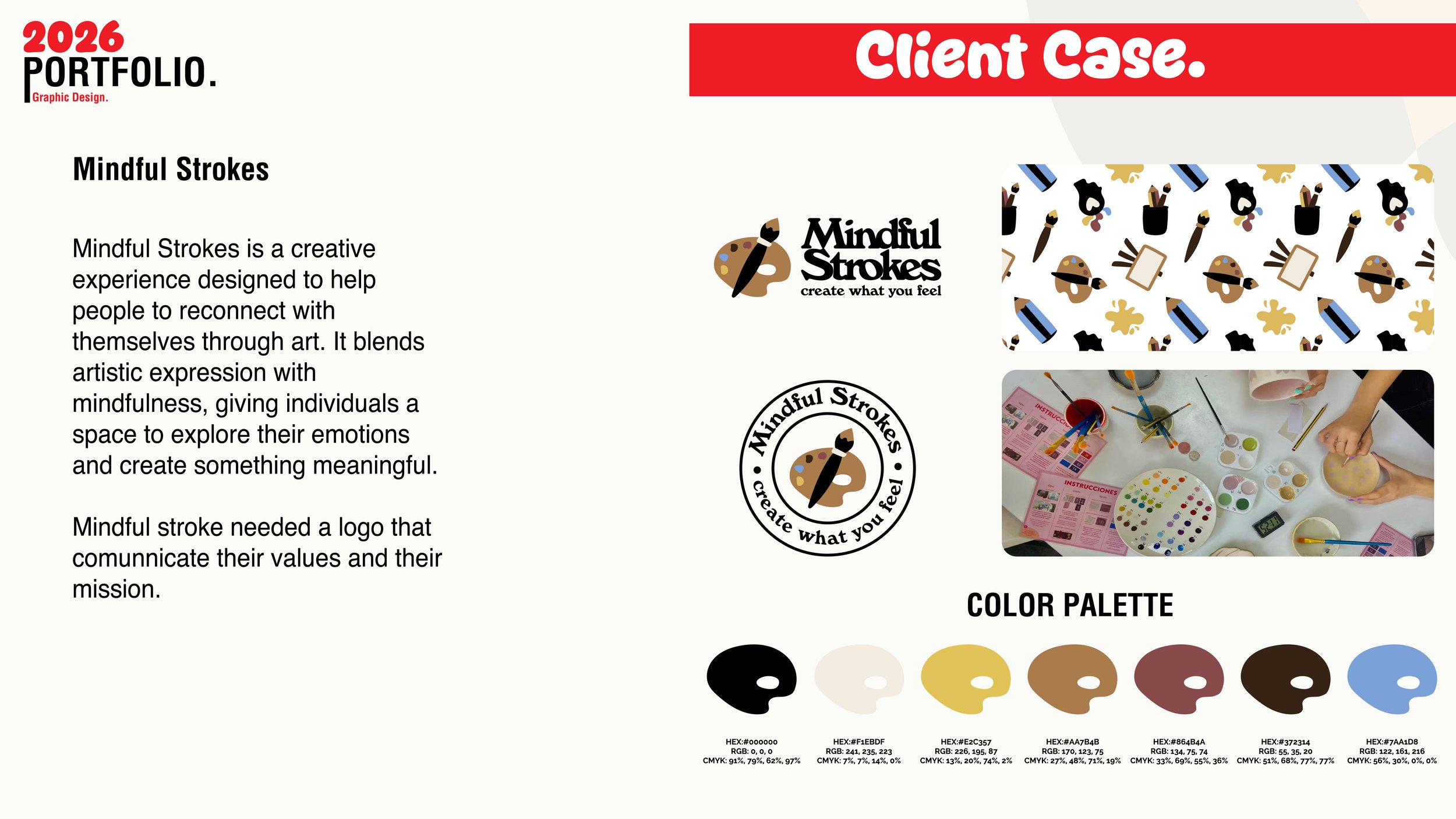 An infographic describing the Mindful Strokes art therapy program, including logos, images of art supplies and activities, and a color palette with seven colors.