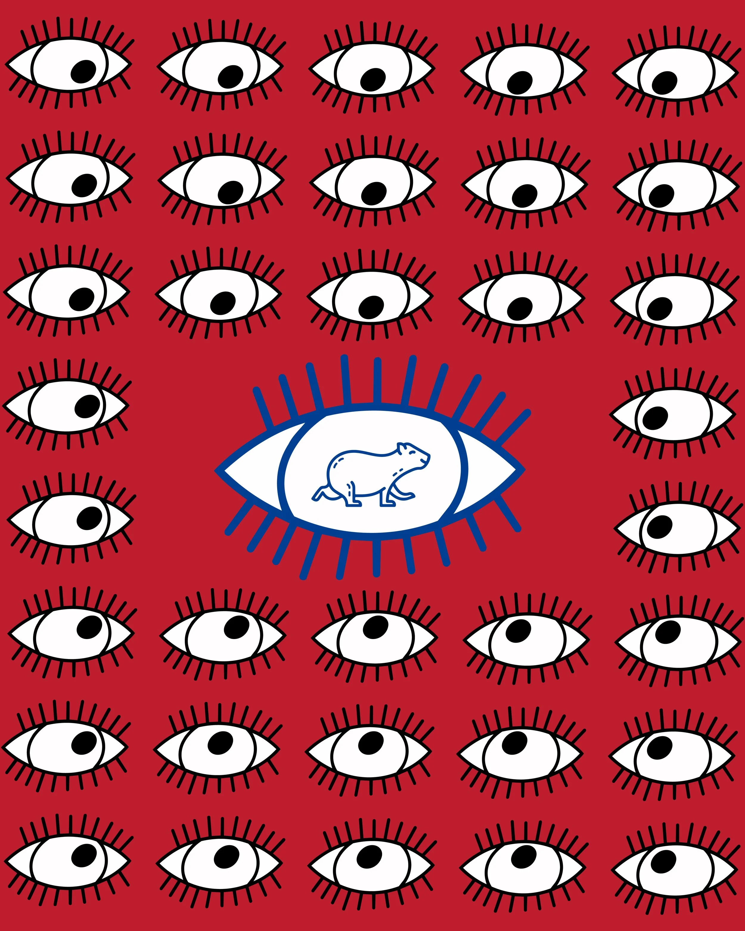 A pattern of multiple stylized eyes on a red background, with a central eye containing capiies logo illustration inside it.